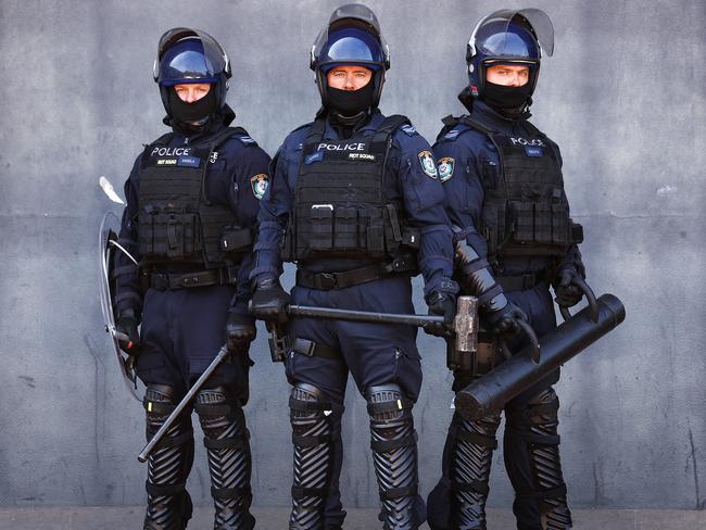 Public Order and Riot Squad officers (from left) Senior Constables Corey Kinsela, Damien Rogers and Anthony Gold. Picture: Sam Ruttyn