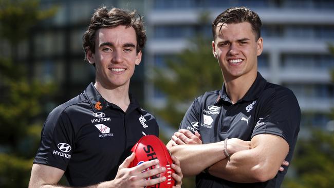 Blues duo Sam Philp and Brodie Kemp. Picture: Dylan Burns/AFL Photos