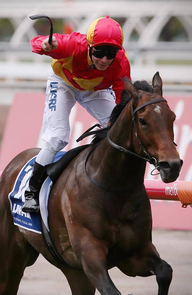 Malaguerra, ridden by Ben Melham, wins on Melbourne Cup Day. Picture: Wayne Ludbey