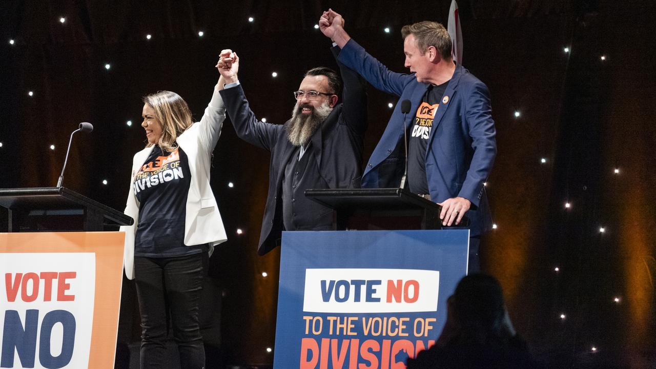 Anti-Voice Senator Jacinta Nampijinpa Price and husband Colin Lillie with Groom MP Garth Hamilton (right) at the conclusion of the sold out Rumours International talk. Picture: Kevin Farmer