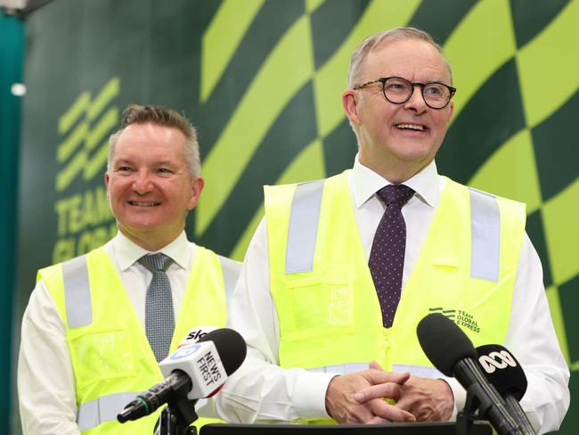 SYDNEY, AUSTRALIA - NewsWire Photos MARCH 14, 2024: Prime Minister Anthony Albanese with Minister Chris Bowen speak to media at the official launch of the Team Global Express Battery Electric Vehicle fleet. Eastern Creek. Picture: NCA NewsWire / Damian Shaw