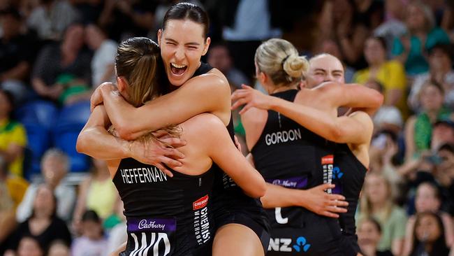 New Zealand Players celebrate winning Game 3 and the Constellation Cup in Perth. Picture: Getty Images