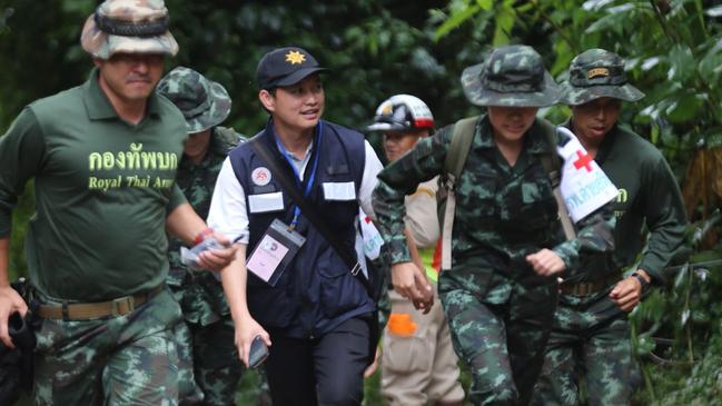 Thai soldiers on the way to Tham Luang cave area. Picture: AFP.