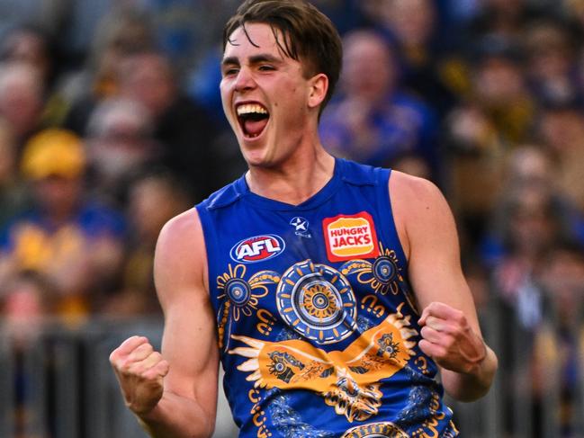 PERTH, AUSTRALIA - JULY 02: Jack Williams of the Eagles celebrates a goal during the 2023 AFL Round 16 match between the West Coast Eagles and the St Kilda Saints at Optus Stadium on July 2, 2023 in Perth, Australia. (Photo by Daniel Carson/AFL Photos via Getty Images)