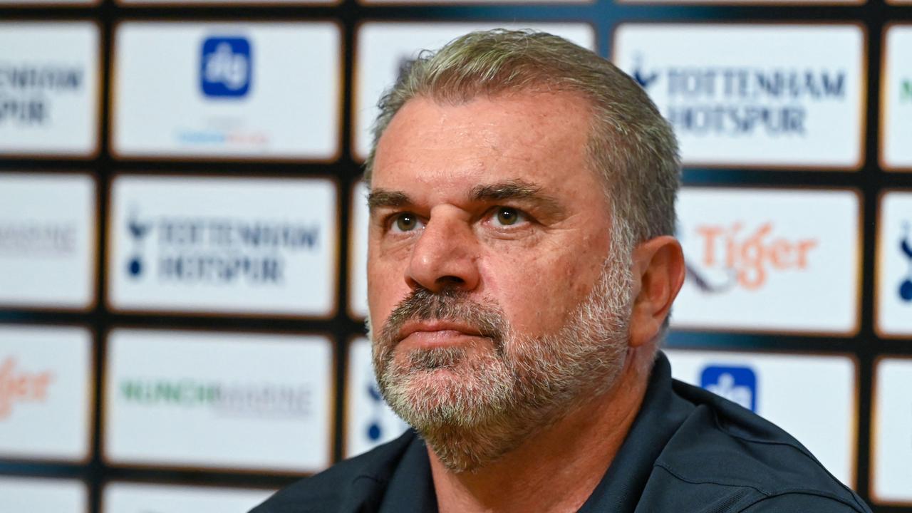 Ange Postecoglou, manager of Tottenham Hotspur team attends a press conference at the Singapore Festival of Football in Singapore on July 25, 2023. (Photo by Roslan RAHMAN / AFP)