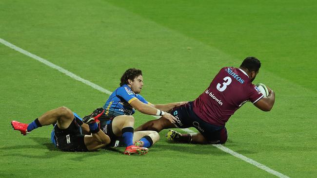 Reds prop Taniela Tupou scores a try in Queensland’s 30-27 loss to the Western Force. Picture: Will Russell/Getty Images