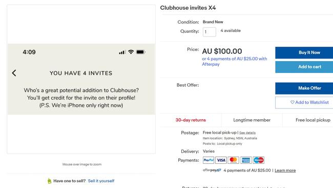 An eBay listing for Clubhouse invites.