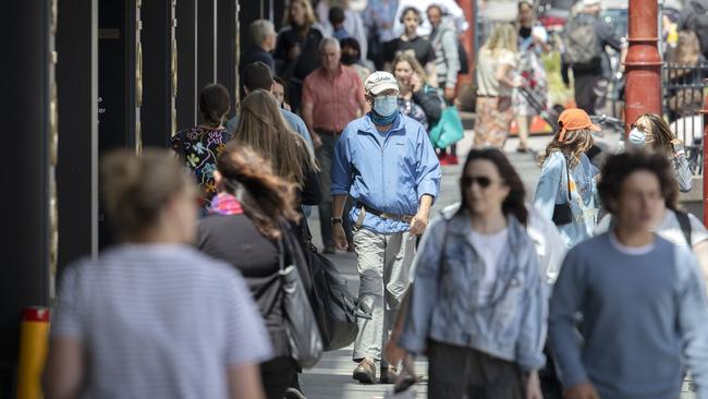 Mask wearers on Monday in Murray Street, Hobart. Picture: Chris Kidd