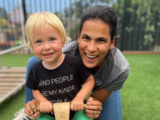 Educator Flavia Sampaio Monteiro with Lucas Kamensky at NSW's top rated childcare centre Goodstart Early Learning Woy Woy, on the Central Coast. Picture: Supplied