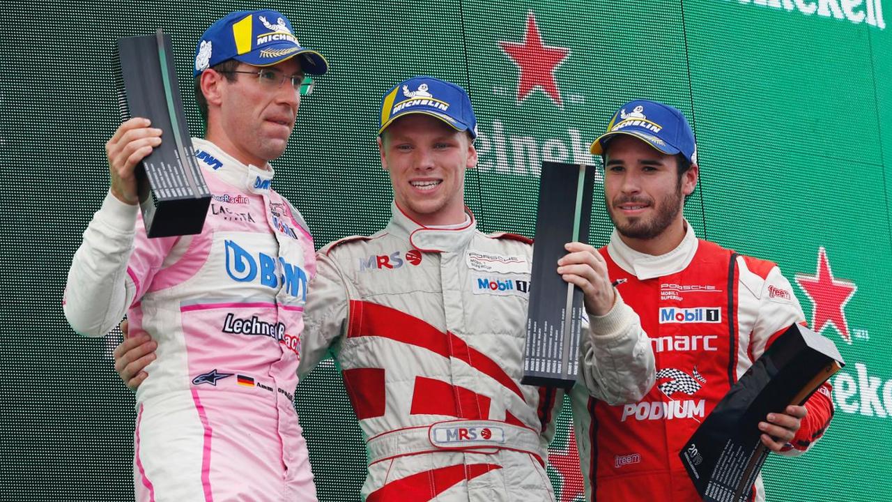 Mawson (R) celebrates on the Monza podium on Sunday. Pic: Porsche Newsroom