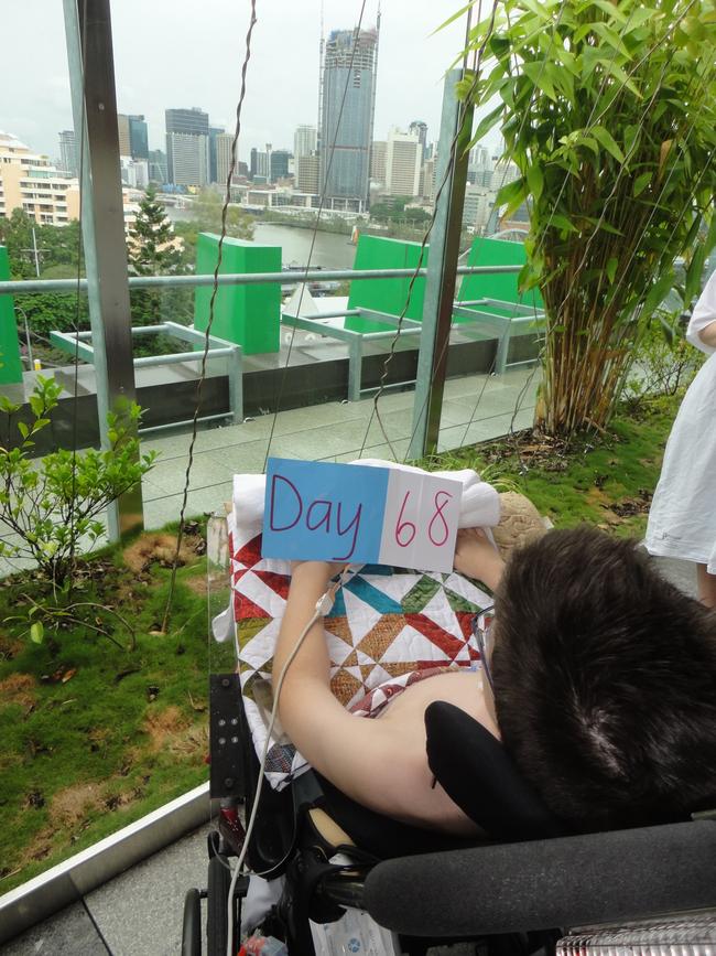 Sam Thorne looks out from the Queensland Children's Hospital on Day 68 of his stay. Picture: Supplied