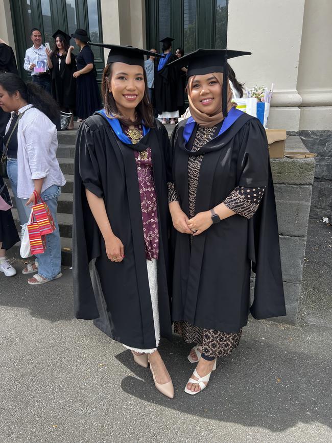 Vida Damayana (Master of Public Policy and Management) and Anmisa Rachmi (Master of Public Policy and Management) at the University of Melbourne graduations held at the Royal Exhibition Building on Monday, December 16, 2024. Picture: Jack Colantuono