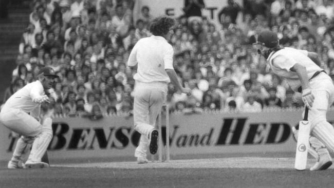 Allan Border and Jeff Thomson at the crease during their famous partnership in the 1982 Test. 