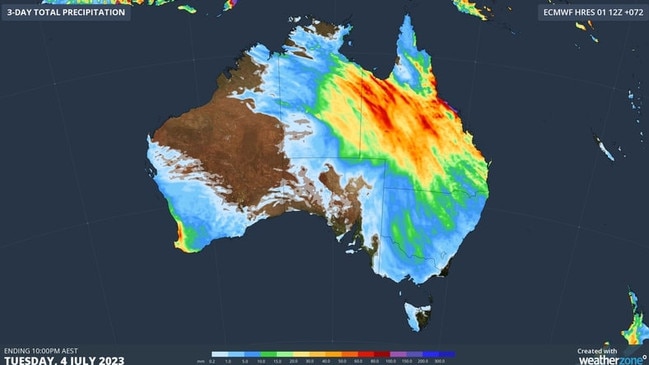 Weatherzone's accumulating rain predictions until 10pm on July 4. Picture: Weatherzone