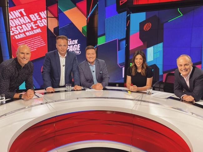 Picture of Fitzy, Mark Bosnich, Tony Squires, Tara Rushton & Robert Craddock. appear on The Back Page on Fox Sports. Source: Supplied