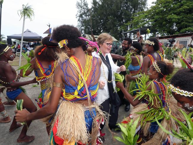 Australian Defence Minister Senator Linda Reynolds danced with a few locals at the opening of the base. Picture: Gary Ramage