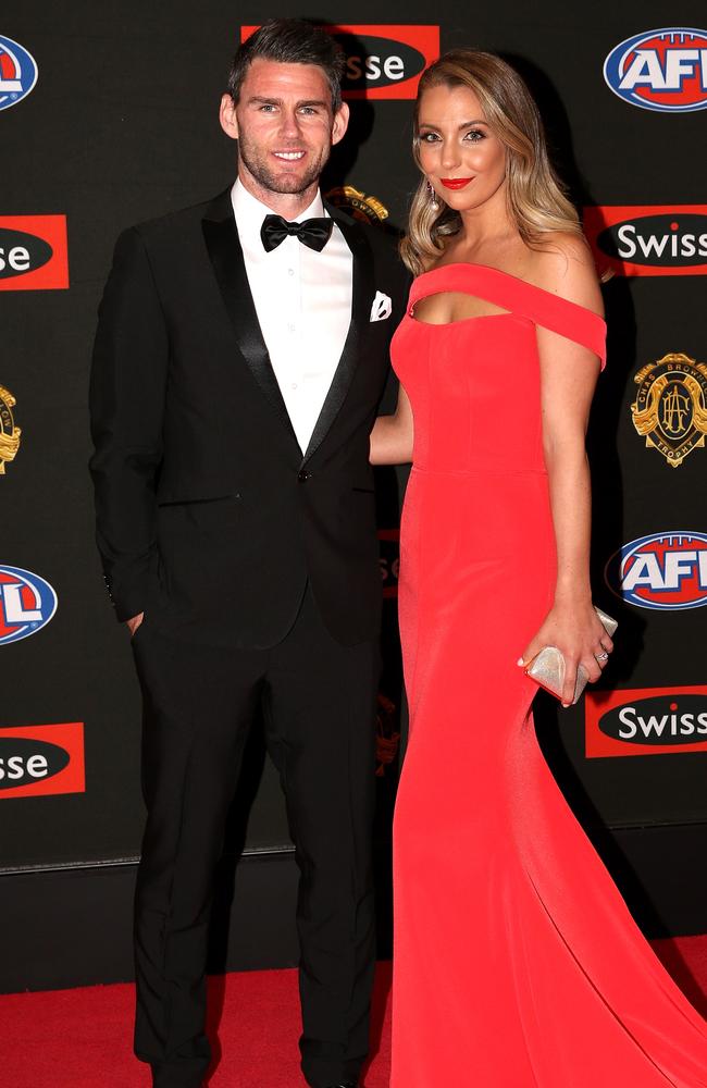 Chris Newman of Richmond and wife Lauren Newman arrive on the red carpet for the 2015 AFL Brownlow Medal presentation held at Crown Casino on Monday, September 28, 2015, in Melbourne, Victoria, Australia. Picture: Tim Carrafa