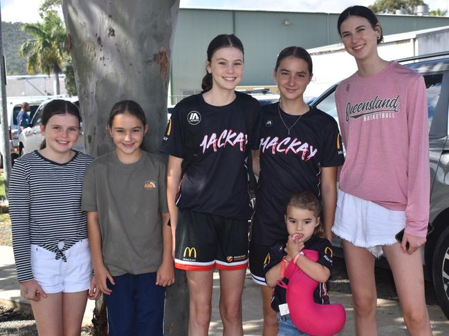 Mackay's Kate Simpson, Reese Geeves, Sammy Simpson, Bennett Geeves, Alley Simpson and Sully Geeves (front) at the Basketball Queensland under-14 girls state championships in Rockhampton on June 30, 2024.