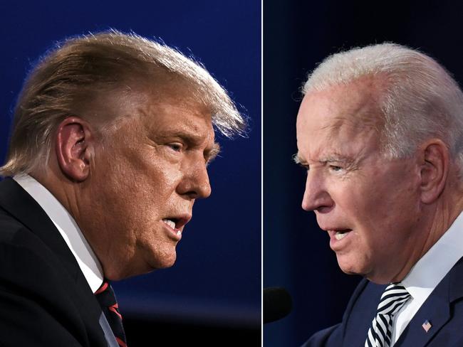 TOPSHOT - (COMBO) This combination of pictures created on September 29, 2020 shows US President Donald Trump (L) and Democratic Presidential candidate former Vice President Joe Biden squaring off during the first presidential debate at the Case Western Reserve University and Cleveland Clinic in Cleveland, Ohio on September 29, 2020. (Photos by JIM WATSON and SAUL LOEB / AFP)