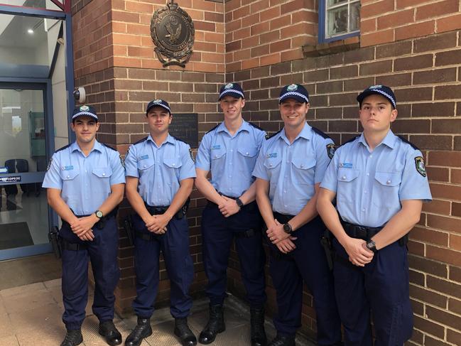 The new probationary constables at The Hills police. From left are Joshua Bitar, Matthew White, Brayden Schaefer, Jade Sinclair and Hamish McKenzie.