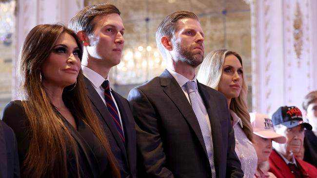 Kimberly Guilfoyle, Jared Kushner, Eric Trump, and Laura Trump listen as former president Donald Trump speaks at his Mar-a-Lago home on Wednesday. Picture: Getty Images