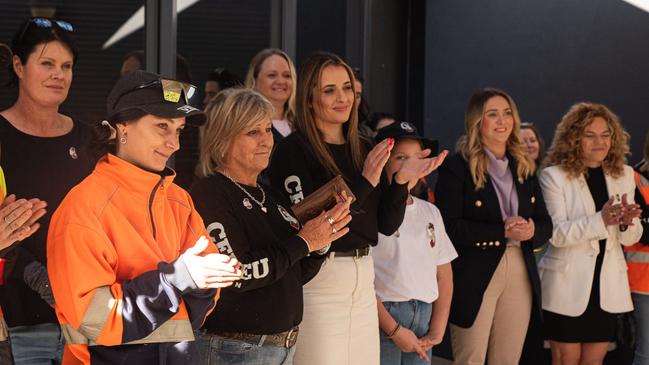 State assistant minister Rhiannon Pearce (left of Connie), SA-Best MLC Connie Bonaros (white coat black skirt)  at a CFMEU SA event. Picture: Facebook.