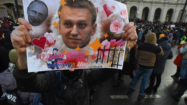 People rally in support of jailed opposition leader Alexei Navalny in Saint Petersburg on January 31. Picture: Olga Maltseva/AFP