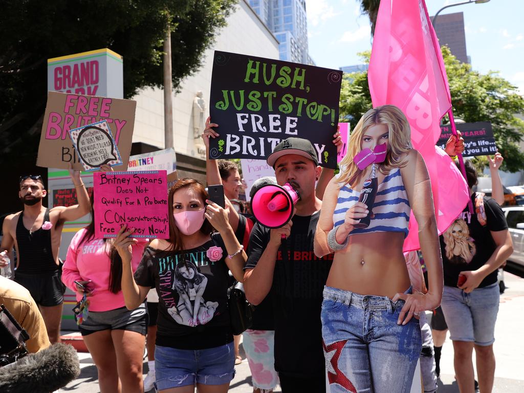 #FreeBritney activists protest at Los Angeles Grand Park during a conservatorship hearing for Britney Spears.