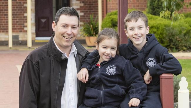 Brad Saul with his children Ayla Saul and Blakley Wieczorek. Timor Primary School is gearing up to celebrate its 150 year anniversary later this year. Picture: Zoe Phillips