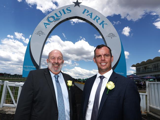 Aquis Park Turf Club CEO Steve Lines (left) and Racing Manager Ian Brown at The Gold Coast Turf Club. Photograph: Jason O’Brien.