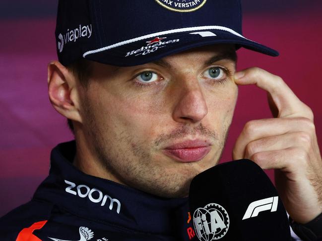 LAS VEGAS, NEVADA - NOVEMBER 23: 2024 F1 World Drivers Champion Max Verstappen of the Netherlands and Oracle Red Bull Racing attends a press conference after the F1 Grand Prix of Las Vegas at Las Vegas Strip Circuit on November 23, 2024 in Las Vegas, Nevada. (Photo by Clive Rose/Getty Images)