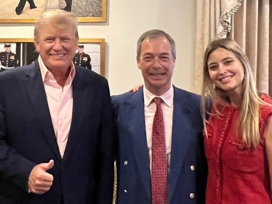 Australian Holly Valance and her husband Nick Candy (left) dined with former US president Donald Trump and conservative former British politician Nigel Farage in 2022. Picture: X