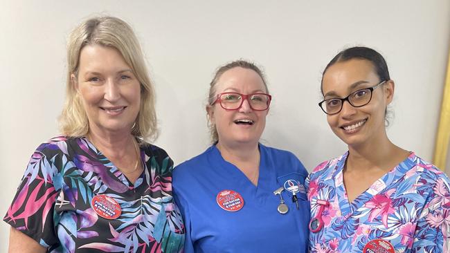 Ramsay nurses donning their badges that says ‘I’m taking action for fair pay and ratios’ at Baring Private Hospital in Coffs Harbour. Di Scherr after hours nurse unit manager, Melissa McDonough registered nurse and Tara Alamo registered nurse.