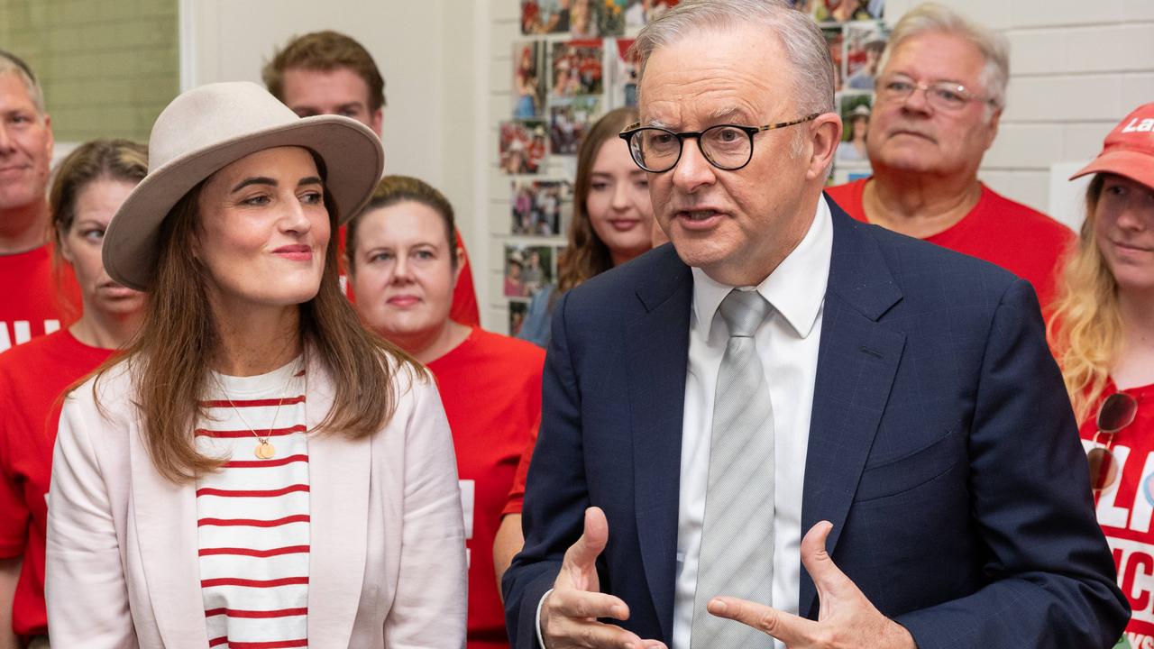 Ali France, with Anthony Albanese on Friday, looks to have won the seat of Dickson in her third attempt to oust Peter Dutton. Picture: Jason Edwards / NewsWire