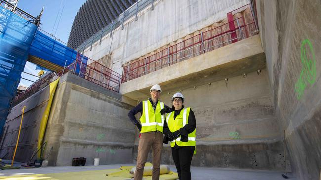 SAHMRI’s Dr Scott Penfold, the lead medical physicist and the first employee at the Bragg Centre and Commercial &amp; General project manager Courtney Proctor. Picture: Emma Brasier.