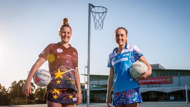 Netballers Lucy Austin (Matrix) and Chelsea Lemke (Contax) at Priceline Stadium. They are itching for the return of netball. Picture: Matt Turner