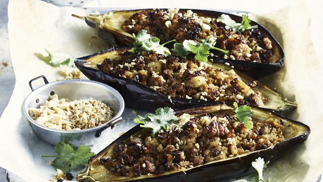 Baked eggplant with Asian-style pork filling. Picture: Guy Bailey.