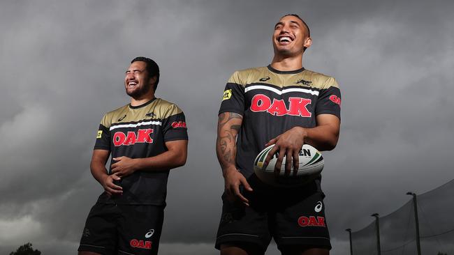 Penrith centres Peta Hiku and Dean Whare share a joke at Panthers Academy. Picture: Brett Costello