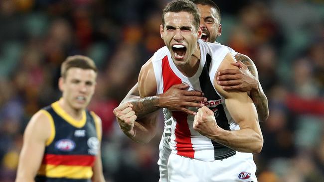 Max King celebrates a goal after the quarter-time siren. Picture: Sarah Reed