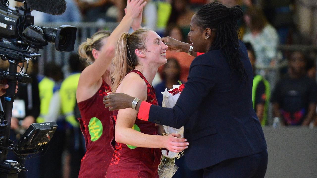Jade Clarke of England receives a bouquet of flowers after her 200th appearance.