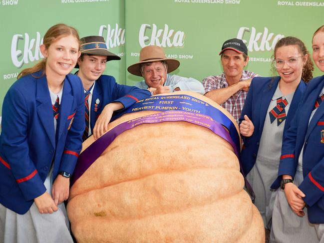 Downlands College agricultural science students smashed pumpkin records at the Ekka's 2024 Giant Pumpkin Competition, weighing in at 368.5kg. Photo: Contributed