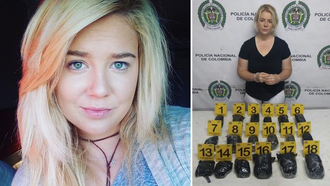 Cassie Sainsbury and (right) in a police photograph with the packages of cocaine found in her bag.