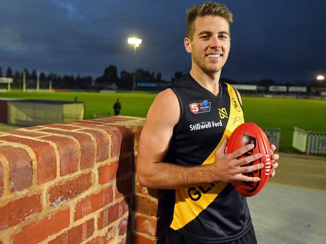 20/05/19 - Glenelg captain Chris Curran will play his 100th game for the Tigers against Port Adelaide on Sunday.Picture: Tom Huntley