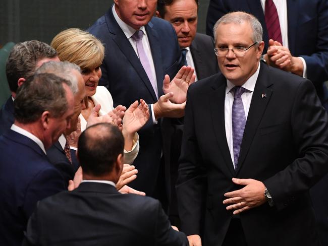 The frontbench applaud  Scott Morrison following his Budget announcements. Picture: Mick Tsikas