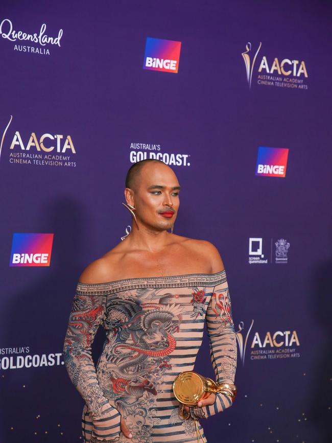 Sean Miley Moore arrives on the Red Carpet at the 2024 Aacta Awards at HOTA on the Gold Coast. Picture: Glenn Campbell