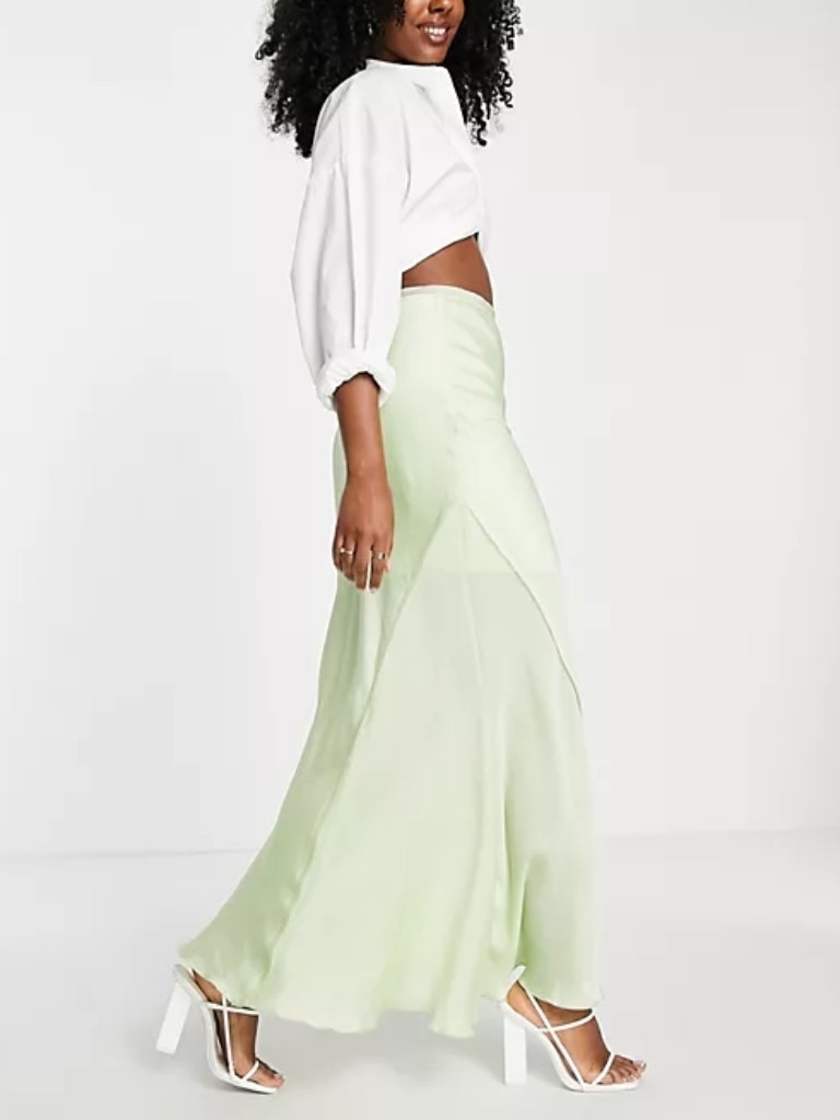 ASOS DESIGN raw edge bias maxi skirt in sage green. Picture: ASOS.