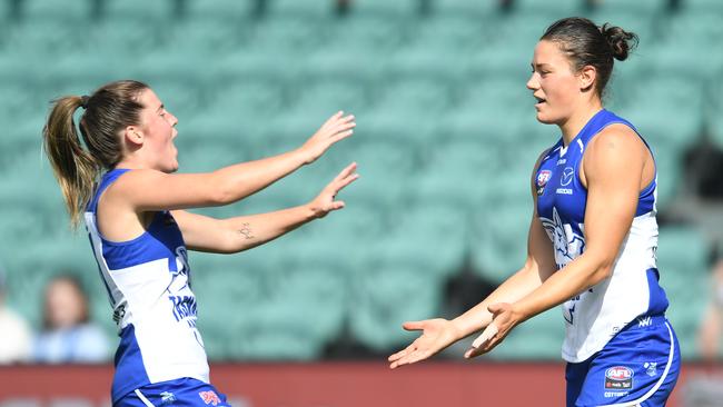 Kate Gillespie-Jones of the Kangaroos celebrates a goal.