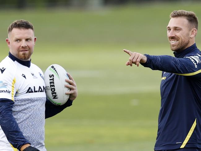 WEEKEND TELEGRAPHS SPECIAL SEPTEMBER 30, 2022. UNDER EMBARGO MUST CONTACT WEEKEND PIC EDITOR JEFF DARMANIN BEFORE PUBLISHING.Nathan Brown, Bryce Cartwright and Reagan Campbell-Gillard during the Parramatta Eels Captains Run at Kellyville Park, ahead of the NRL Grand Final against the Panthers. Picture: Jonathan Ng