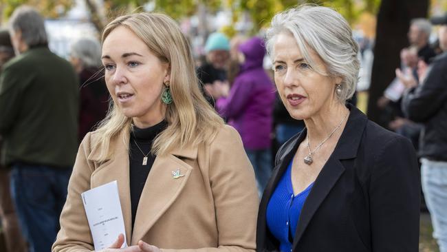 Greens member for Lyons Tabatha Badger and Greens leader Rosalie Woodruff at Parliament lawns, Hobart. Picture: Chris Kidd