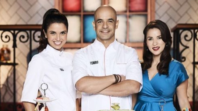 Adriano Zumbo with assistant Gigi Falanga and co-host Rachel Khoo. Picture: Supplied